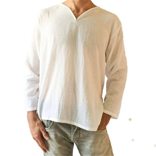 Men's Vintage White Long Sleeve T-Shirt 100% Cotton Thai Hiphop T Shirt Men V-Neck Summer Beach T-shirt Tee Tops For Man
