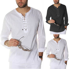 Load image into Gallery viewer, INCERUN Vintage S-3XL White Shirts Men Long Sleeve Lace Up Tunic Loose Fit Beach Tops Men Tshirts Plus Size Casual Tee Shirts