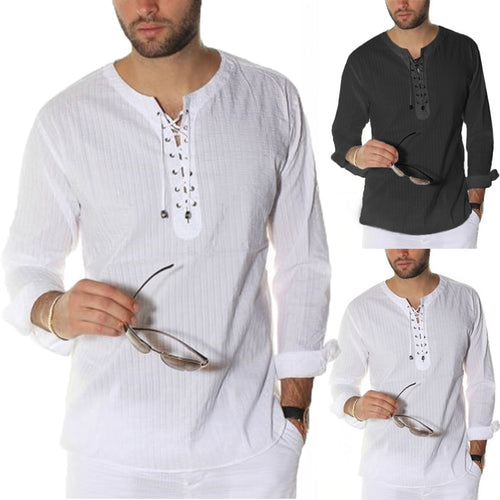 INCERUN Vintage S-3XL White Shirts Men Long Sleeve Lace Up Tunic Loose Fit Beach Tops Men Tshirts Plus Size Casual Tee Shirts