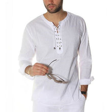Load image into Gallery viewer, INCERUN Vintage S-3XL White Shirts Men Long Sleeve Lace Up Tunic Loose Fit Beach Tops Men Tshirts Plus Size Casual Tee Shirts