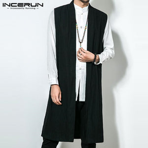 INCERUN Autumn Retro Men Cardigan Sleeveless Cotton Vest Long Jacket Trench Overcoat Robe Coat 5XL Hombre Men Clothes Outwear