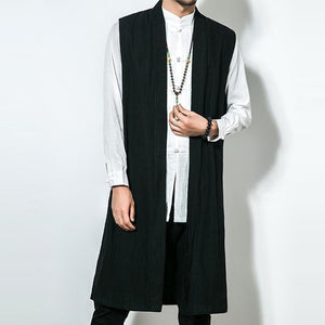 INCERUN Autumn Retro Men Cardigan Sleeveless Cotton Vest Long Jacket Trench Overcoat Robe Coat 5XL Hombre Men Clothes Outwear