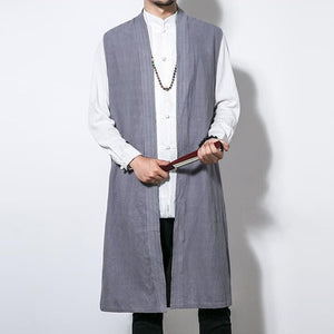 INCERUN Autumn Retro Men Cardigan Sleeveless Cotton Vest Long Jacket Trench Overcoat Robe Coat 5XL Hombre Men Clothes Outwear