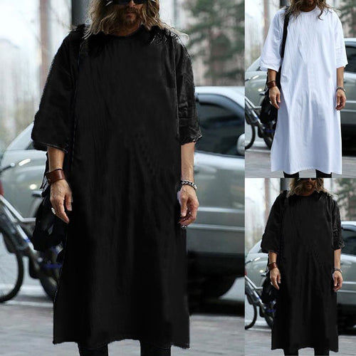 INCERUN Kurta Mens Dress T Shirts Short Sleeve Loose Kaftan Long Tee Jubba Muslim Arab Thobe Islamic Men Clothing Hombre Camisas